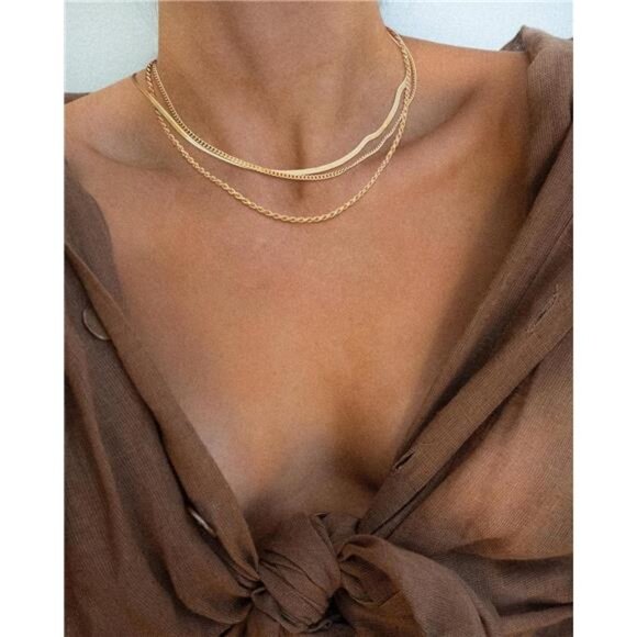 Herringbone Necklace for Women,Dainty Gold Necklace,14k Gold Plated Snake - Picture 2 of 7